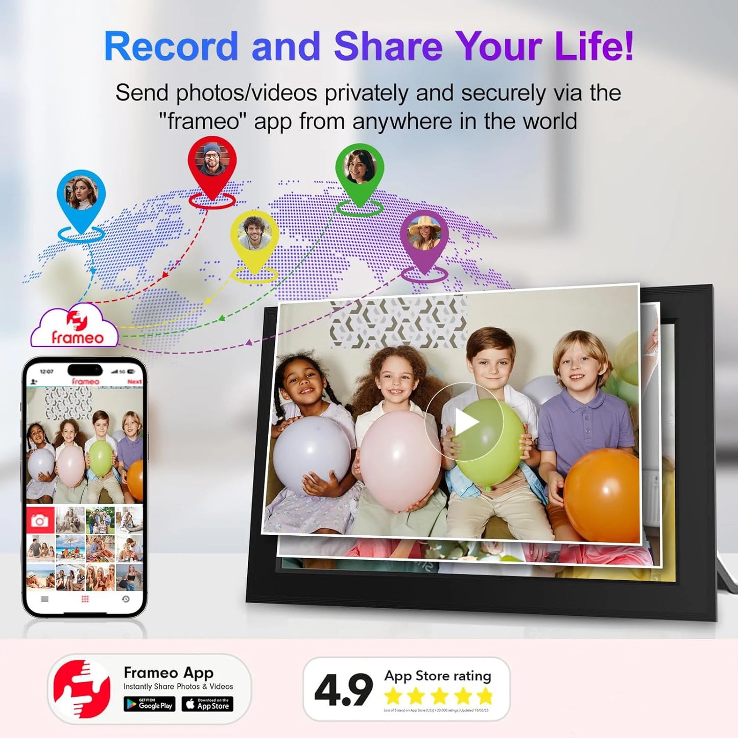 Frameo Digital Picture Frame 10.1 Inch 64GB Smart WiFi digital photo frame with 1280x800 IPS HD Touch Screen Wall Mountable
