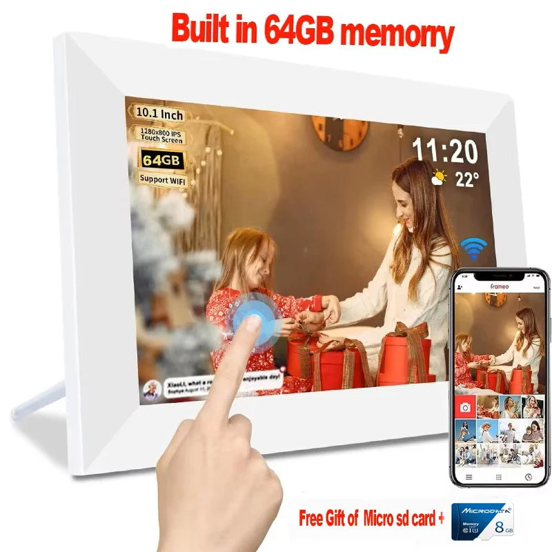 Frameo Digital Picture Frame 10.1 Inch 64GB Smart WiFi digital photo frame with 1280x800 IPS HD Touch Screen Wall Mountable