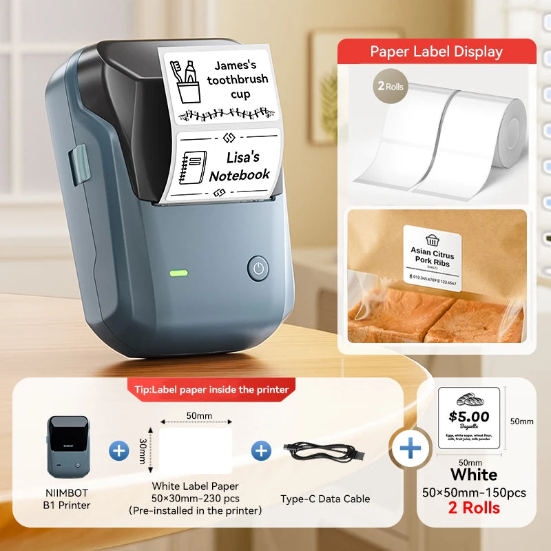 Niimbot B1 Wireless Thermal Label Printer Food Tag Barcode Price Small Business 20-50mm Print Width Label Machine for Home