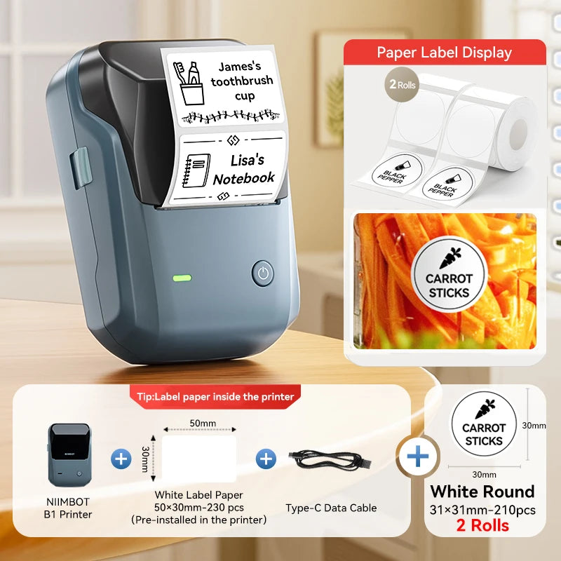 Niimbot B1 Wireless Thermal Label Printer Food Tag Barcode Price Small Business 20-50mm Print Width Label Machine for Home