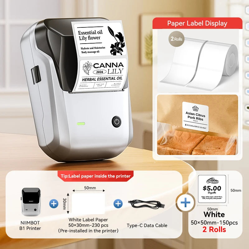 Niimbot B1 Wireless Thermal Label Printer Food Tag Barcode Price Small Business 20-50mm Print Width Label Machine for Home