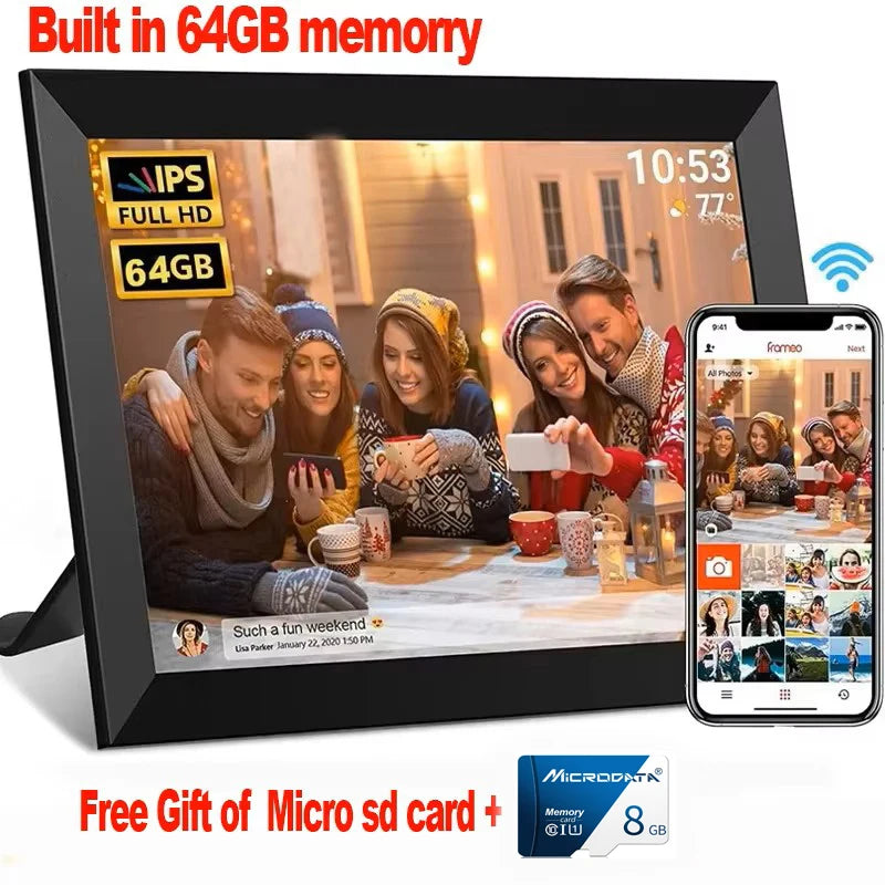 Frameo Digital Picture Frame 10.1 Inch 64GB Smart WiFi digital photo frame with 1280x800 IPS HD Touch Screen Wall Mountable