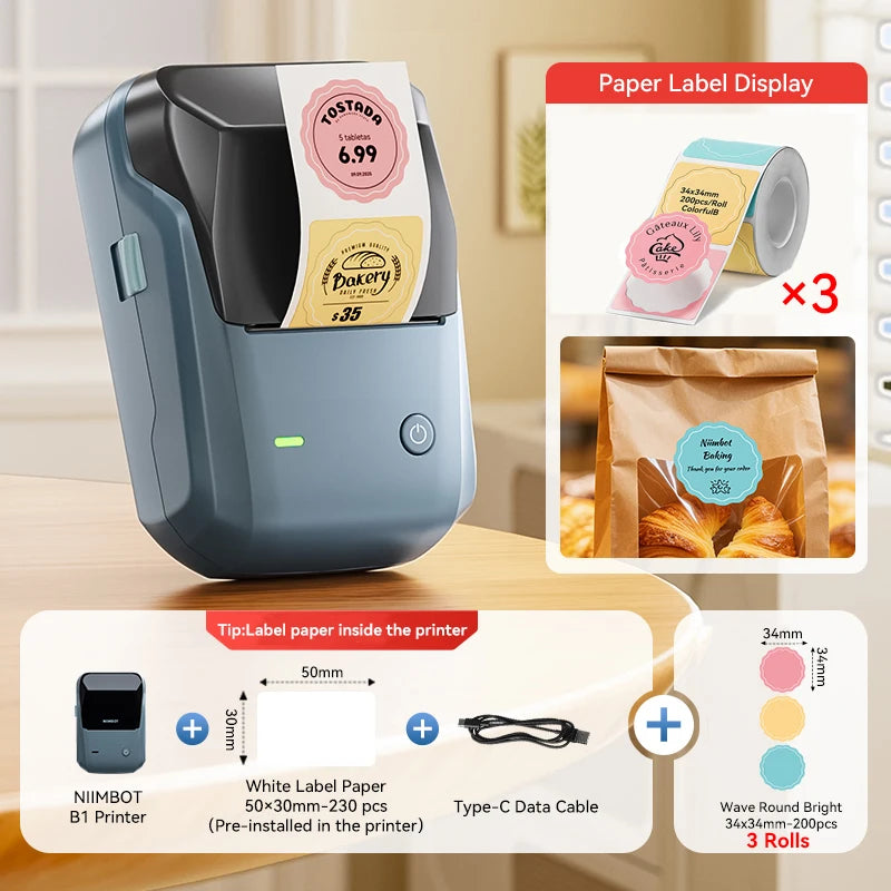 Niimbot B1 Wireless Thermal Label Printer Food Tag Barcode Price Small Business 20-50mm Print Width Label Machine for Home