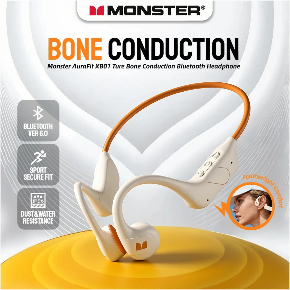 Monster XB01 Bone Conduction Bluetooth 6.0 Headphone HiFi Stereo Wireless Earphones IP56 Dust/Water Resistance Sports Earhook