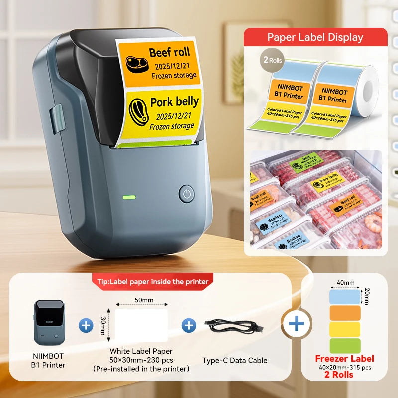 Niimbot B1 Wireless Thermal Label Printer Food Tag Barcode Price Small Business 20-50mm Print Width Label Machine for Home