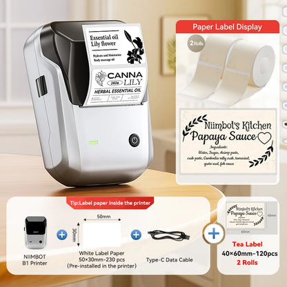 Niimbot B1 Wireless Thermal Label Printer Food Tag Barcode Price Small Business 20-50mm Print Width Label Machine for Home