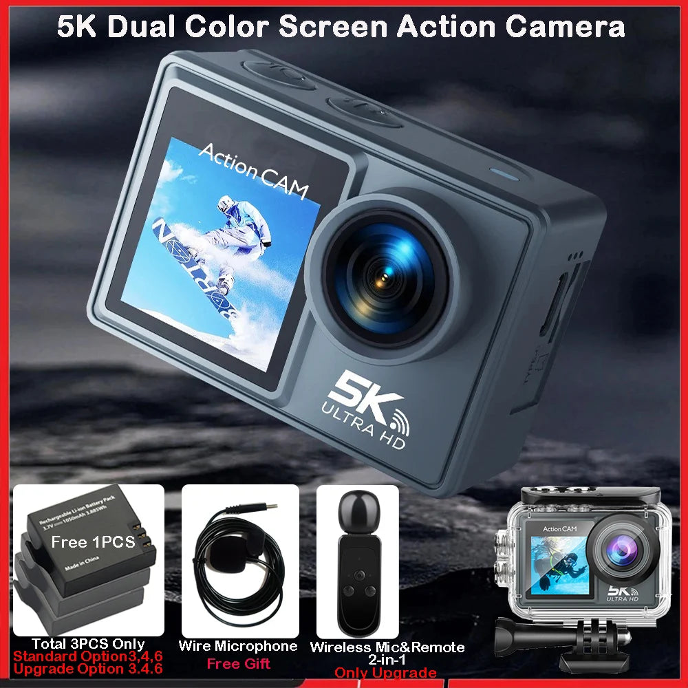 5K 4K60FPS Action Camera Dual IPS Touch LCD DVR EIS 170° 30M Waterproof 5X Zoom Sport Camera With Wireless Mic&Remote Control
